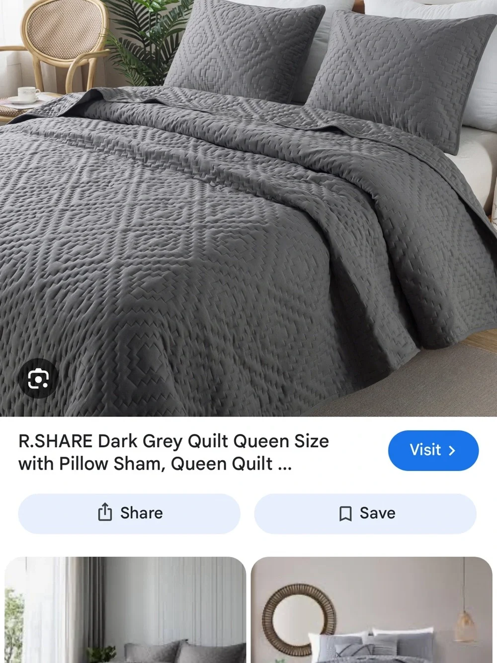 Dark Grey Quilted Coverlet Set with Pillow Shams - Queen